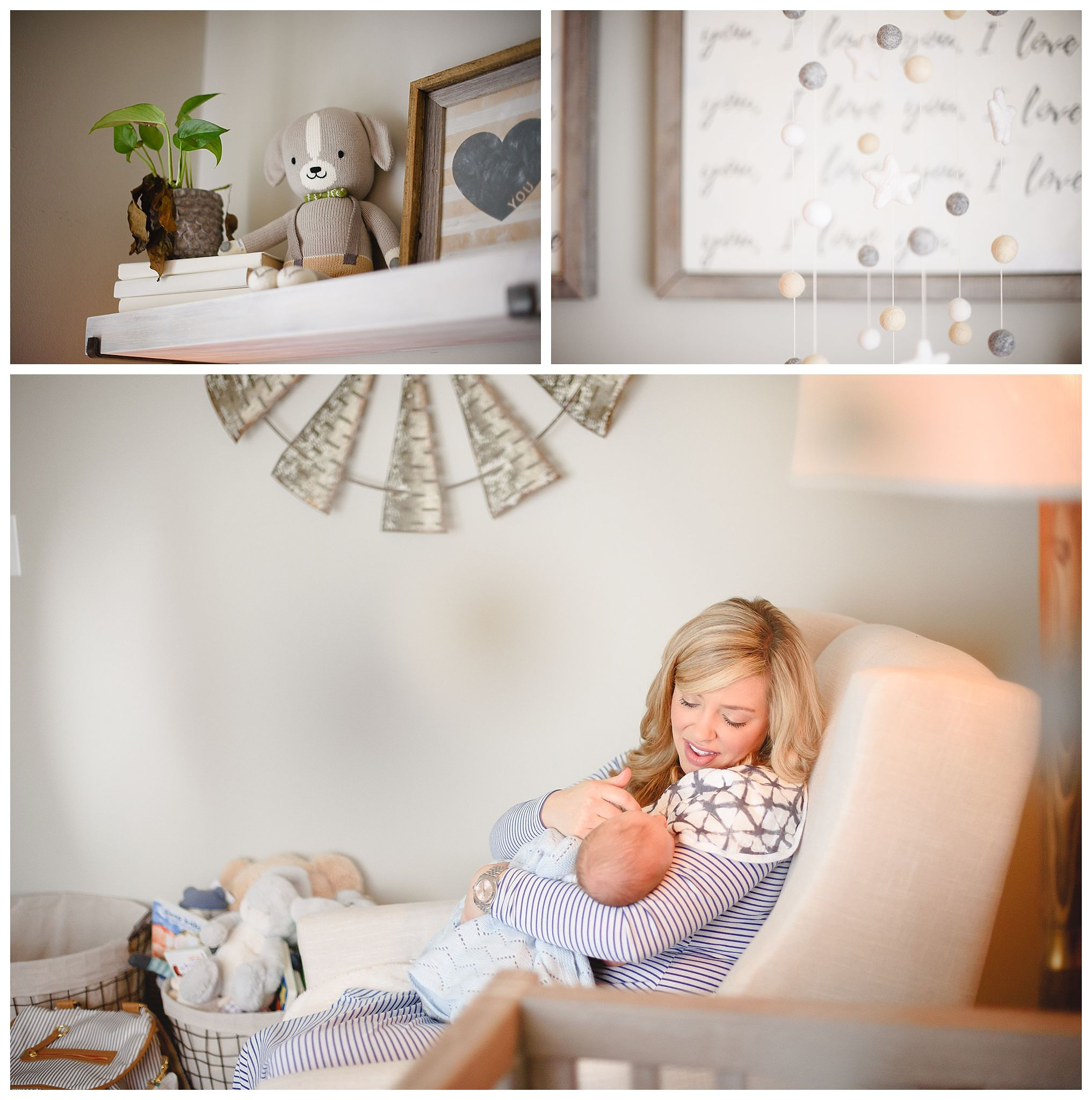 new mom holding her newborn in a nursery and nursery details